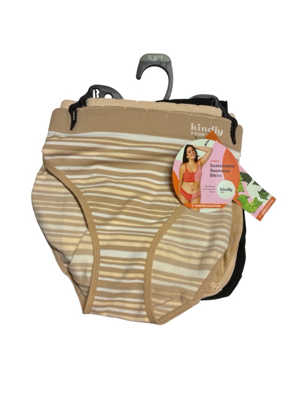 Kindly Sustainable Seamless Bikini Panties - Tan Striped, 3-Pack